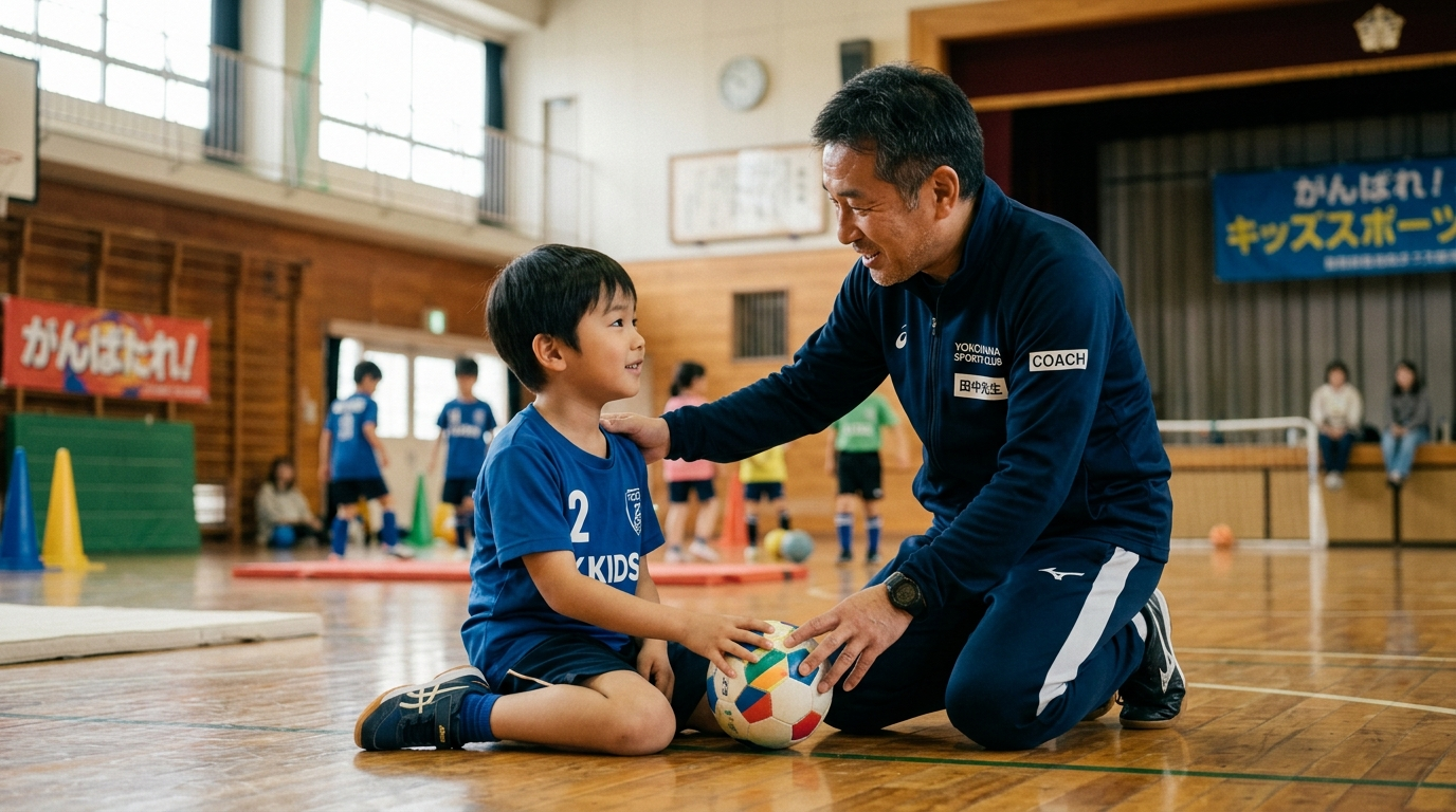 コーチが子どもに寄り添って指導している様子