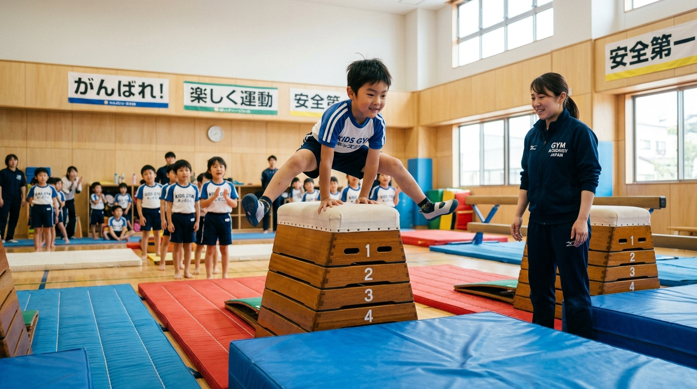 体育教室で跳び箱をしている子ども